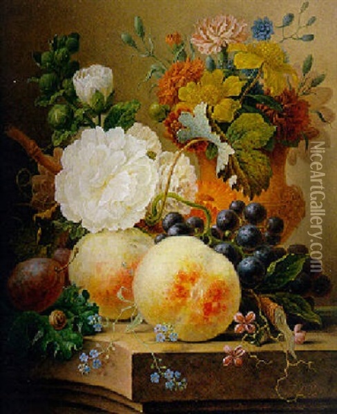 Nature Morte Au Bouquet De Fleurs Et Fruits Poses Sur Un Entablement Oil Painting - Georgius Jacobus Johannes van Os