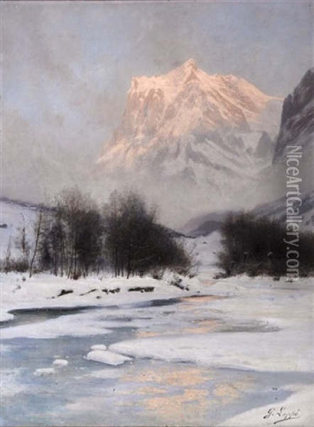Coucher De Soleil En Hiver Sur Le Wetterhorn Et Le Village De Grindelwald Oil Painting - Gabriel Loppe