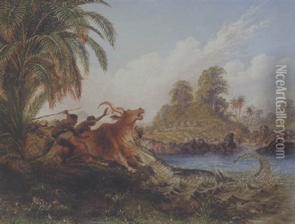 Trek Ox Seized By A Crocodile While Drinking In The Limpopo Oil Painting - John Thomas Baines