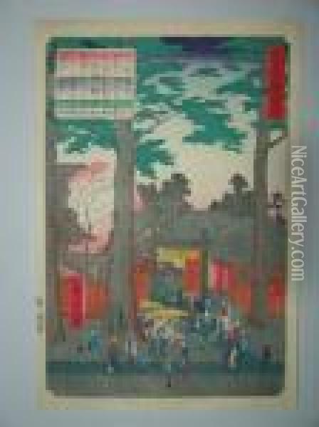 Le Marche Sous Les Cryptomerias Oil Painting - Utagawa or Ando Hiroshige