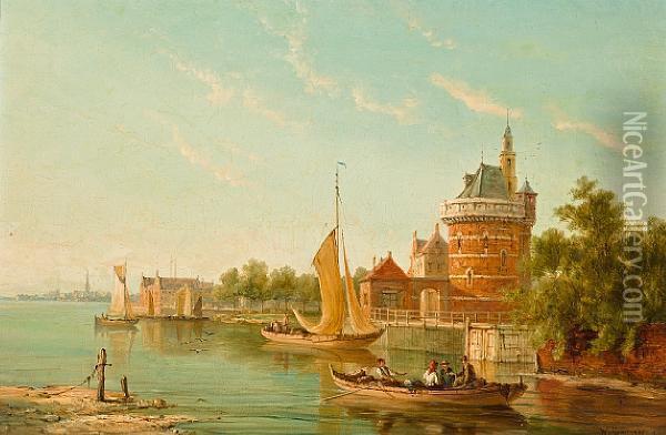 The Watch Tower At Hoorn, With Various Craft On The Zuyder Zee Oil Painting - William Raymond Dommersen