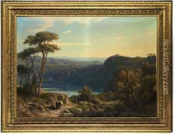Wooded Landscape With Lake Albano, With Rural Figures And Asettlement Beyond Oil Painting - Franz Knebel