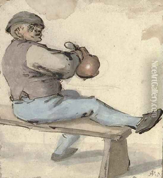 A seated drinker holding an earthenware pot Oil Painting - Cornelis Dusart