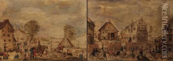 Village (+ Another; Pair) Oil Painting - Hans Bol
