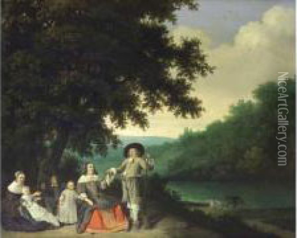 Portrait D'un Chasseur Et De Sa Famille Dans Un Paysage. Oil Painting - Gonzales Cocques