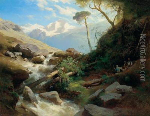 Boscaioli In Riva A Un Torrente Oil Painting - Leopold Heinrich Voscher