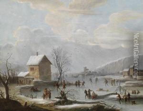Winter Landscape With Ice Skaters Oil Painting - Jules Cesar Denis van Loo