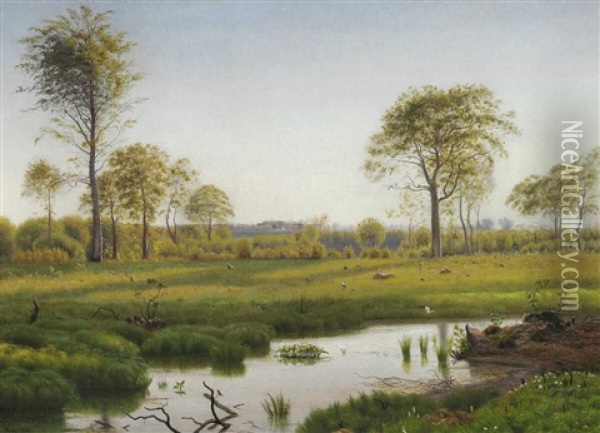 Summer Landscape With Storks On The Meadow Oil Painting - Vilhelm Peter Karl Kyhn