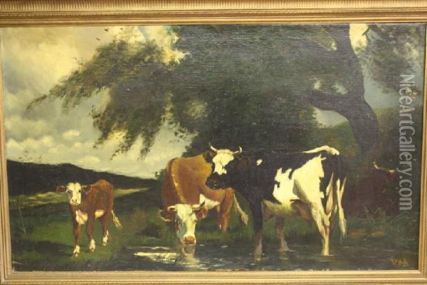 Koeien En Kalf Bij Een Drenkplaats Oil Painting - Frederick William Hulme
