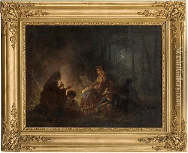 By The Bonfire1859 Oil Painting - Knud Bergslien