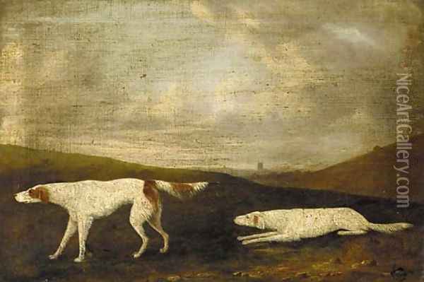 Two pointers in an extensive landscape Oil Painting - English Provincial School