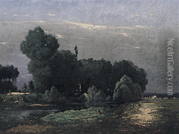 Besonnte Flusslandschaft Mit Malerischer Baumgruppe Und Personenstaffage Oil Painting - Auguste Grasset