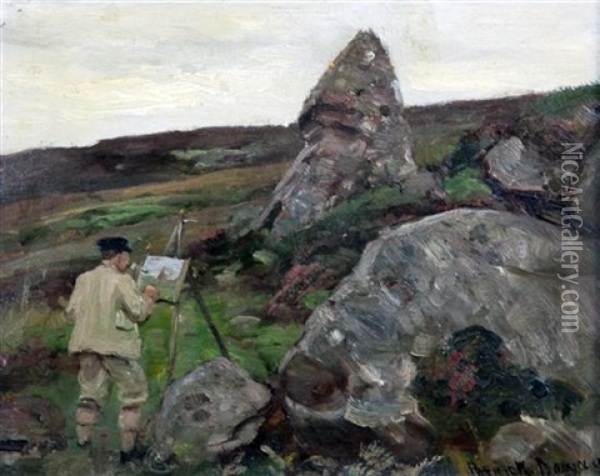 Artist Painting In A Landscape Oil Painting - Patrick Downie