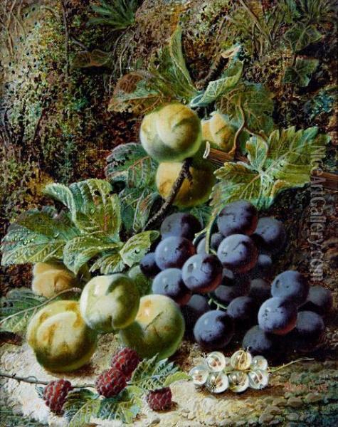 Still Life Of Grapes And Greengages On A Mossy Bank Oil Painting - Oliver Clare
