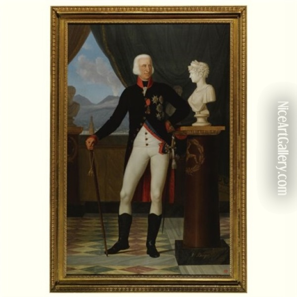 Portrait Of Ferdinand I, King Of The Two Sicilies With A Bust Of Lucia Migliaccio, Duchess Of Floridia Oil Painting - Giacomo Berger