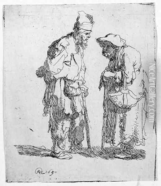 A beggar Man and beggar Woman conversing Oil Painting - Rembrandt Van Rijn