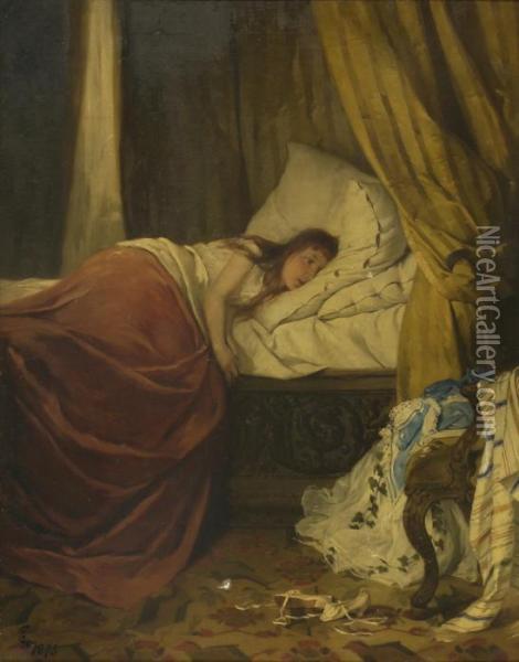 After The First Ball. Depicting A
 Tired Girl Resting In Her Bed Looking At Her Ball Gown Draped Over A 
Chair. Her Unlaced Shoes Lay Nearby On The Floor. Oil Painting - Carl Christian Thomsen