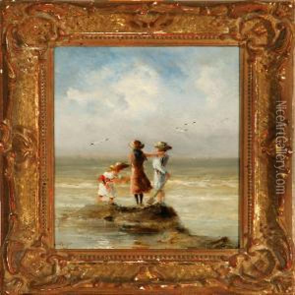 Coastal Scenes With Playing Children On The Beach Oil Painting - Gerard Van Der Laan
