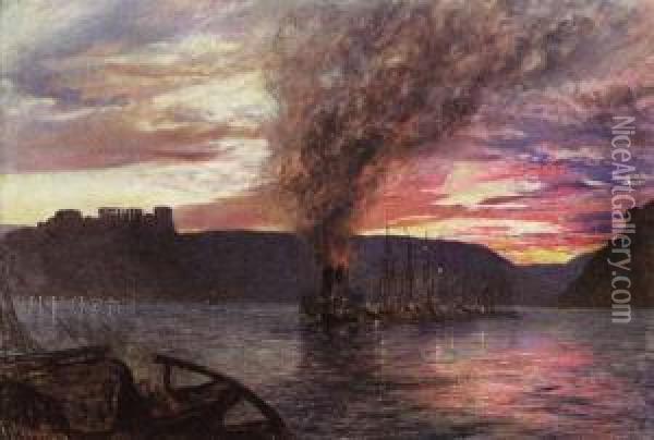 View Of The Rhine With A Steam Tug And Barges Oil Painting - Alfred William Hunt