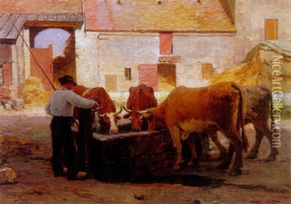Cows Drinking From A Trough In A Farmyard Oil Painting - Louis Emile Adan