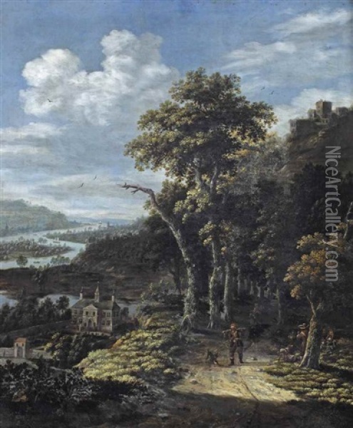 A Rhenish River Landscape With Travellers On A Path At The Edge Of A Wood, A Mansion In The Valley Below Oil Painting - Dionys Verburgh
