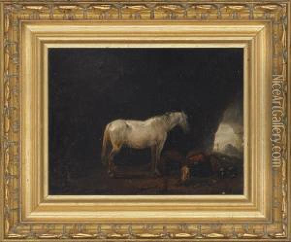 A Horse, Sleeping Peasant And Dog In A Cave Oil Painting - Dirck Willemsz. Stoop