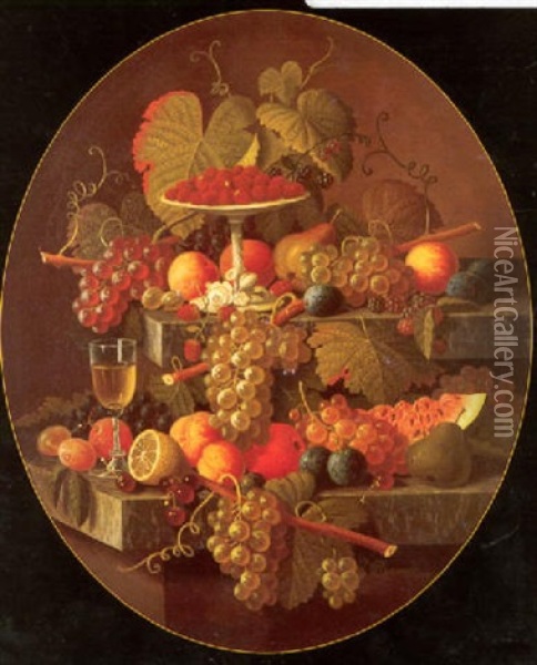 Tiered Still Life: Fruit, Wine Glass And Compote Oil Painting - Severin Roesen