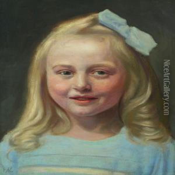 Portrait Of A Young Girl With A Blue Bow Oil Painting - Emilie Mundt
