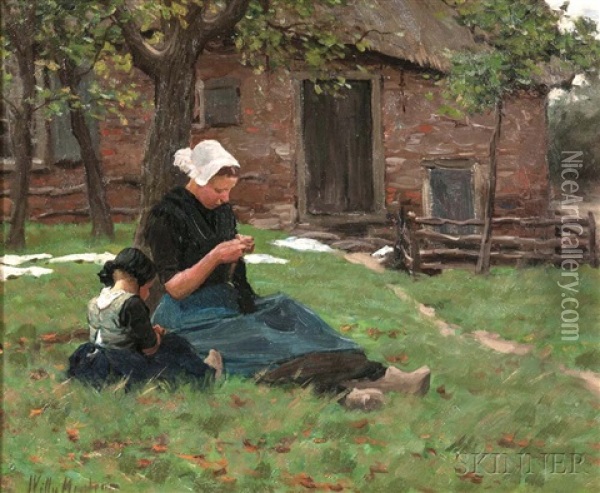 Mother And Child Resting Under A Tree Oil Painting - Willy Martens