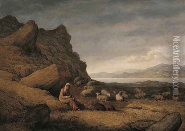 Lake Scene with Seated Figure and Sheep Oil Painting - John Glover