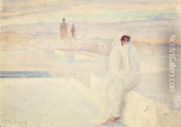 Jeune Femme Sur Une Terrasse A Tunis Oil Painting - Albert Aublet