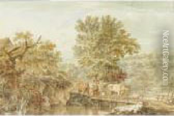 A Wooded Landscape With A Milkmaid Escorting Her Herd Of Animals Across A River Oil Painting - Jacob Cats