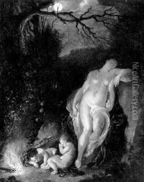 Venus, Cupido Und Ein Putto In Vollmondbeschienener Waldlandschaft Oil Painting - Christian Wilhelm Ernst Dietrich
