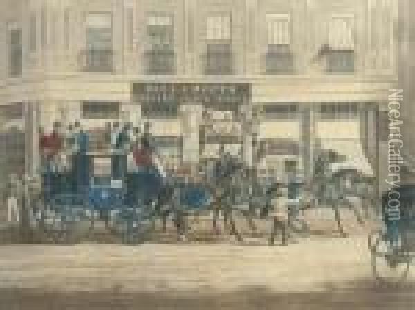 The Duke Of Beaufort's Coach Starting From The Bull And Mouth Oil Painting - William Joseph Shayer