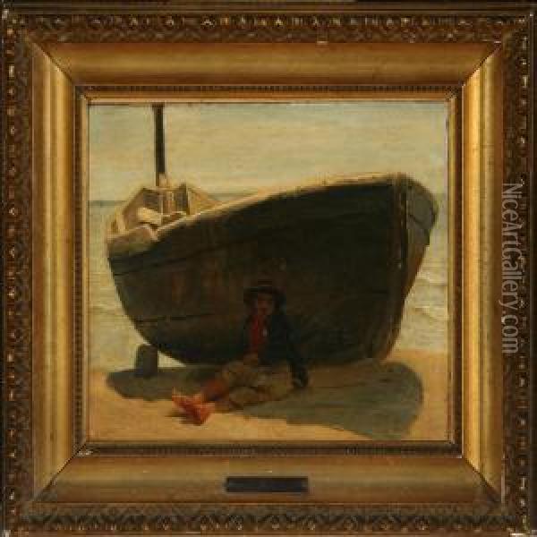 Scenery From Capri With A Boy In The Shadow Of A Boat Oil Painting - Ernst Meyer