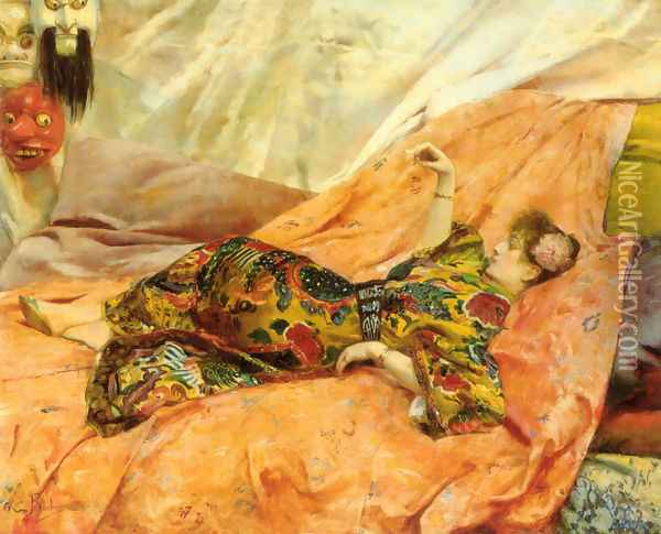 A Portrait of Sarah Bernhardt, reclining in a chinois interior Oil Painting - Georges Antoine Rochegrosse