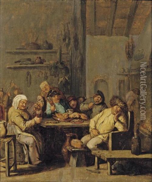 An Interior Of An Inn With Peasants Drinking And Eating Oil Painting - Adriaen Jansz. Van Ostade