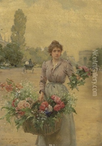 A Flower Seller Near The Arc De Triomphe Oil Painting - Louis Marie de Schryver
