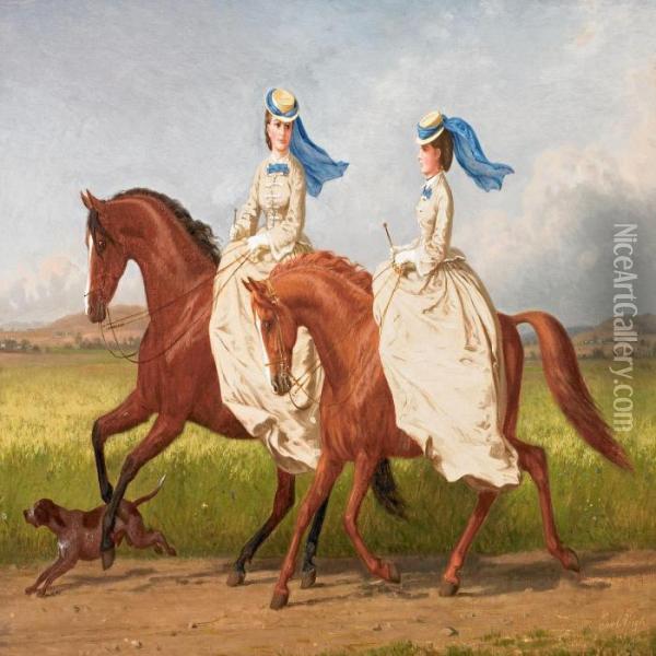 Landscape With Two Women On Horsebacks Oil Painting - Carl Henrik Bogh