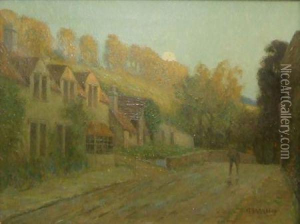 Figure In A Lane By Cottages At Moonlight Oil Painting - George Harrison
