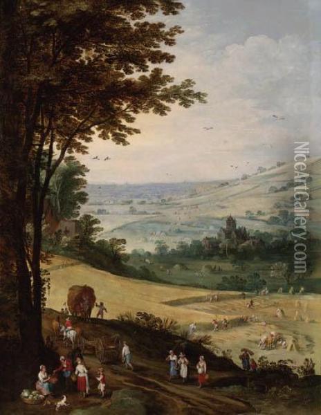 Peasants Harvesting, An Extensive Landscape With A Churchbeyond Oil Painting - Joos De Momper