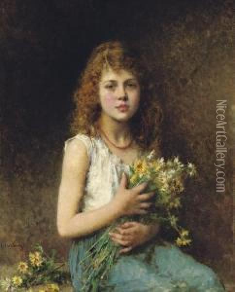 Girl With Spring Flowers Oil Painting - Alexei Alexeivich Harlamoff