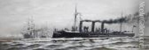 Kleines Kriegsschiff Der 
Kaiserlichen Marine In Begleitung Groser Dampfsegelschiffe Vor Kuste Mit
 Leuchtturm Oil Painting - Hans Bohrdt