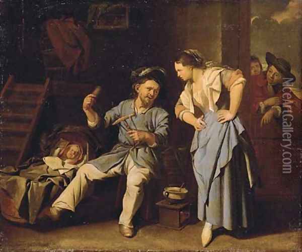 A man spinning yarn with a peasant woman and a baby in a wicker cot Oil Painting - Jacob Toorenvliet