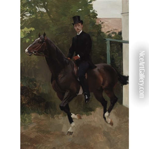 Portrait Of H. De La Rochefoucauld On Horseback Oil Painting - Charles Giron
