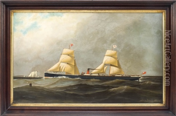 A Steam-sail Vessel With A Pilot Boat Approaching Oil Painting - Antonio Jacobsen