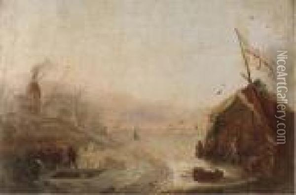 Figures Fishing Through The Ice By An Encampment On Awaterway Oil Painting - Charles Henri Leickert