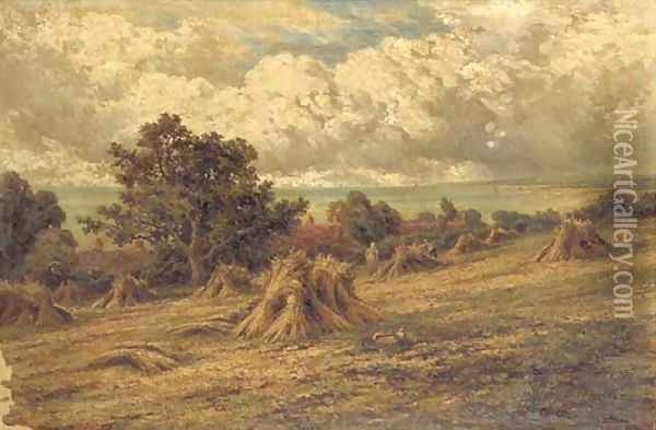 Harvesting on the Sussex Coast, near Bournemouth Oil Painting - Henry Hillier Parker