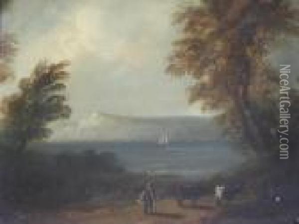 A Figure With Cattle On A Wooded Coastal Path Oil Painting - John Rathbone