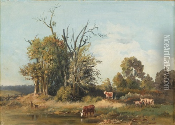 Cows Having Pasture At Shore Oil Painting - Johan Knutson